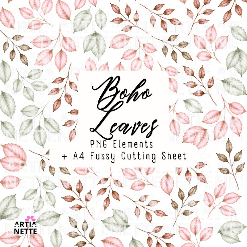 Różowe Liście Boho – Boho Leaves Set 02 | kliparty PNG i arkusz A4