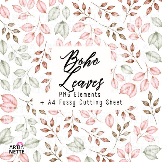 Różowe Liście Boho – Boho Leaves Set 02 | kliparty PNG i arkusz A4
