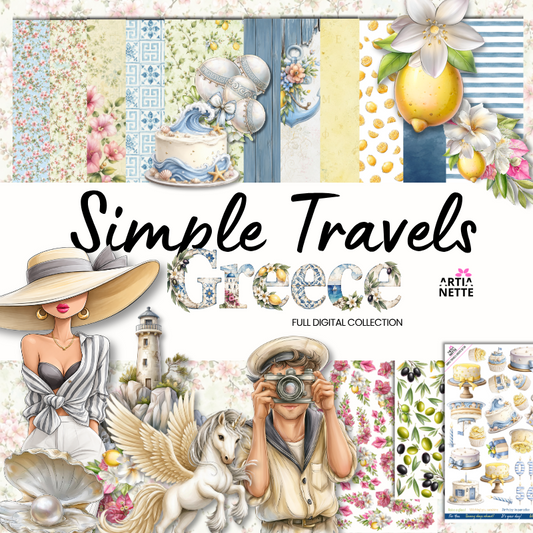 Simple Travels: Greece – pełna kolekcja | blisko 200 grafik PNG, 13 arkuszy A4 i 12 teł