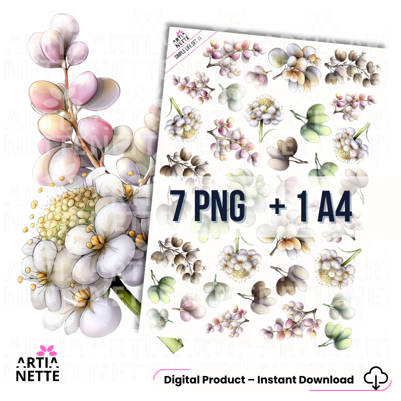 Simple Life SET 11 - Grafiki PNG i arkusz A4 - Gałązki, listki, dodatki florystyczne