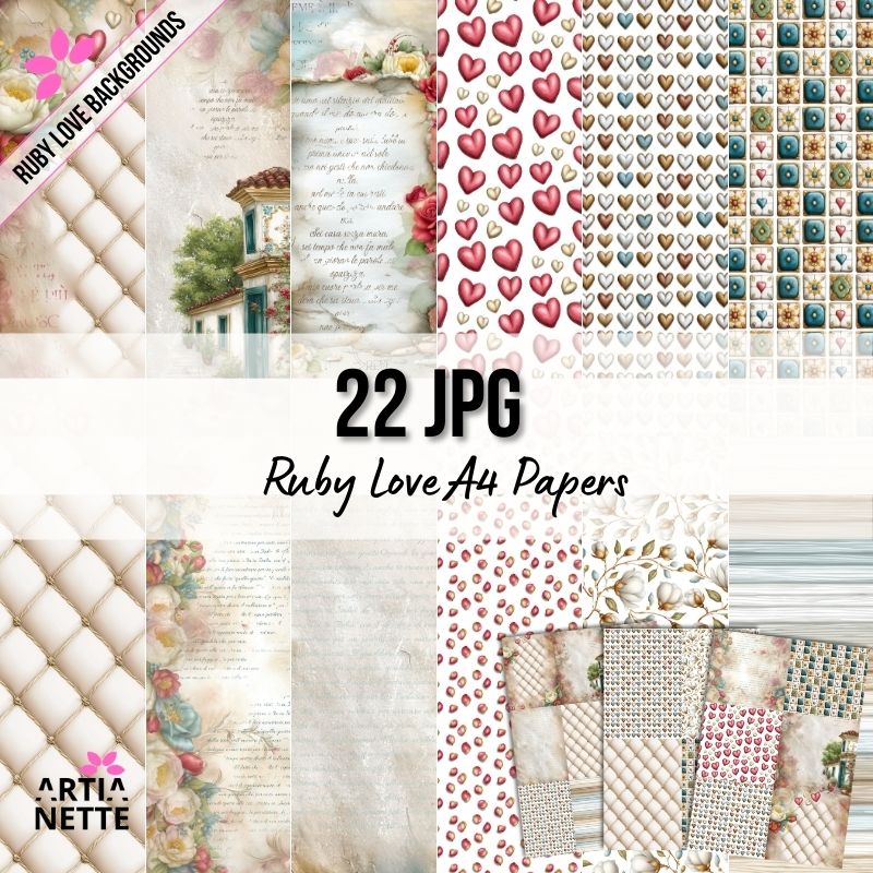 Papiery scrapbookowe A4 do druku – zestaw 22 tła vintage | Ruby Love Backgrounds