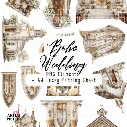 Boho Wedding kolekcja – pary młode, kwiaty, dekoracje, tła i napisy | 213 klipartów PNG, 12 papierów A4, 17 arkuszy do wycinania