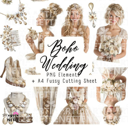 Boho Wedding kolekcja – pary młode, kwiaty, dekoracje, tła i napisy | 213 klipartów PNG, 12 papierów A4, 17 arkuszy do wycinania