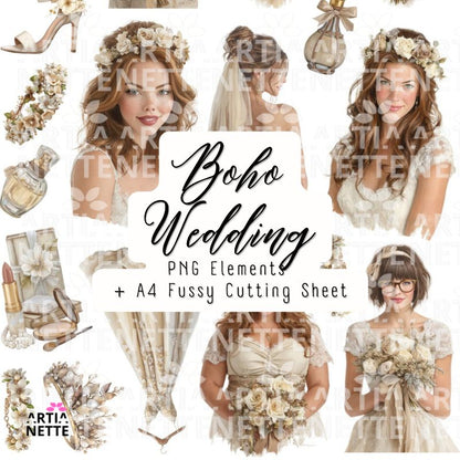 Boho Wedding kolekcja – pary młode, kwiaty, dekoracje, tła i napisy | 213 klipartów PNG, 12 papierów A4, 17 arkuszy do wycinania
