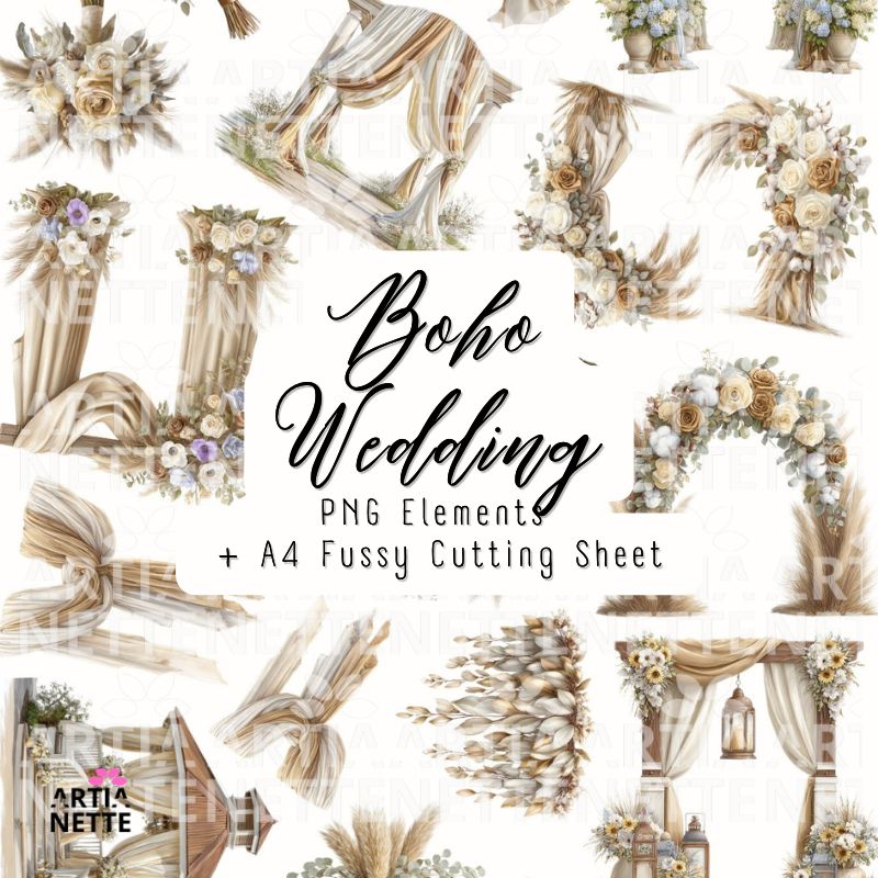 Altana ślubna boho – dekoracje ceremonii, łuki, kwiaty, zestaw PNG + arkusz A4 Boho Wedding SET 08