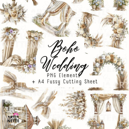 Altana ślubna boho – dekoracje ceremonii, łuki, kwiaty, zestaw PNG + arkusz A4 Boho Wedding SET 08