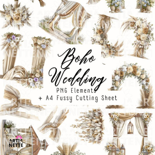 Altana ślubna boho – dekoracje ceremonii, łuki, kwiaty, zestaw PNG + arkusz A4 Boho Wedding SET 08