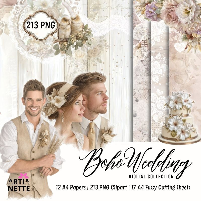 Boho Wedding kolekcja – pary młode, kwiaty, dekoracje, tła i napisy | 213 klipartów PNG, 12 papierów A4, 17 arkuszy do wycinania