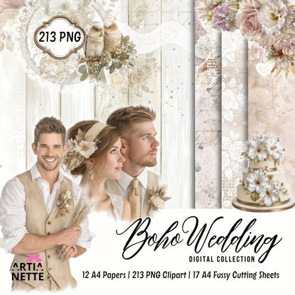 Boho Wedding kolekcja – pary młode, kwiaty, dekoracje, tła i napisy | 213 klipartów PNG, 12 papierów A4, 17 arkuszy do wycinania