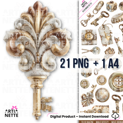 Boho Mood Clipart – vintage klucze, detale i dodatki SET 01 - 21 PNG + A4