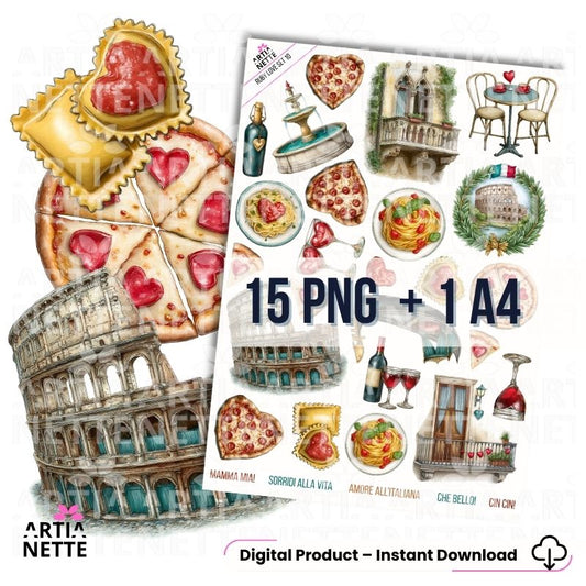 Grafiki inspirowane Włochami: pizza w kształcie serca, makaron, kieliszki wina, balkon włoski oraz Koloseum – zestaw Italy clipart PNG.