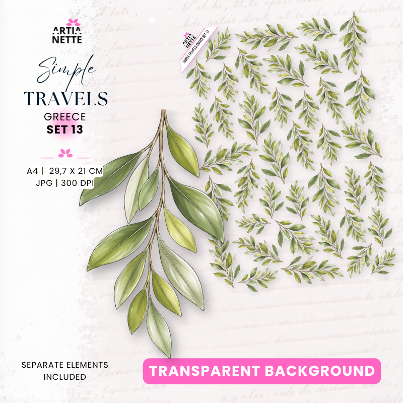 Zielone liście i gałązki do druku – botaniczne grafiki Simple Travels Greece Set 13 do wycinania i tworzenia kompozycji