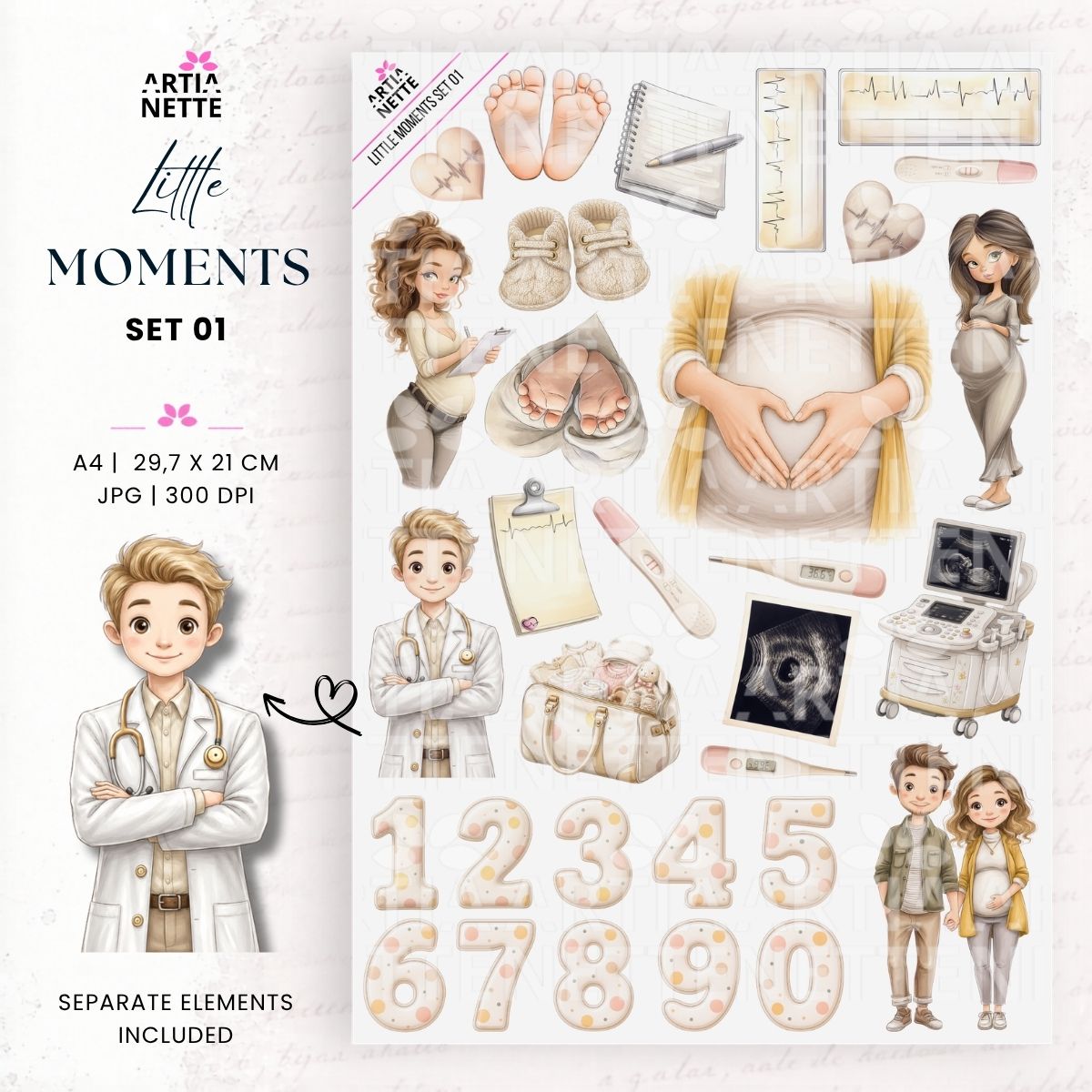 Pregnancy and Expecting a Baby Graphics for Scrapbooking – Little Moments Set 01 | 28 PNG Clipart and A4 Sheet