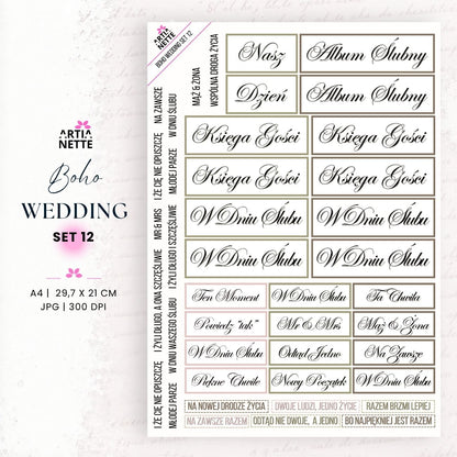 Napisy PL ślubne boho do druku – arkusz A4 – Boho Wedding Set 12 | elementy do wycinania PNG