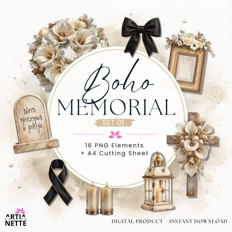 Grafiki pamięci, wspomnień i kondolencji do scrapbookingu – Boho Memorial Set 01 | kliparty PNG i arkusz A4