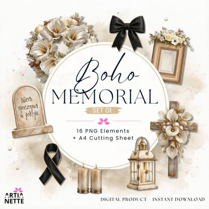 Grafiki pamięci, wspomnień i kondolencji do scrapbookingu – Boho Memorial Set 01 | kliparty PNG i arkusz A4