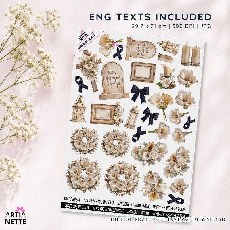 Grafiki pamięci, wspomnień i kondolencji do scrapbookingu – Boho Memorial Set 01 | kliparty PNG i arkusz A4