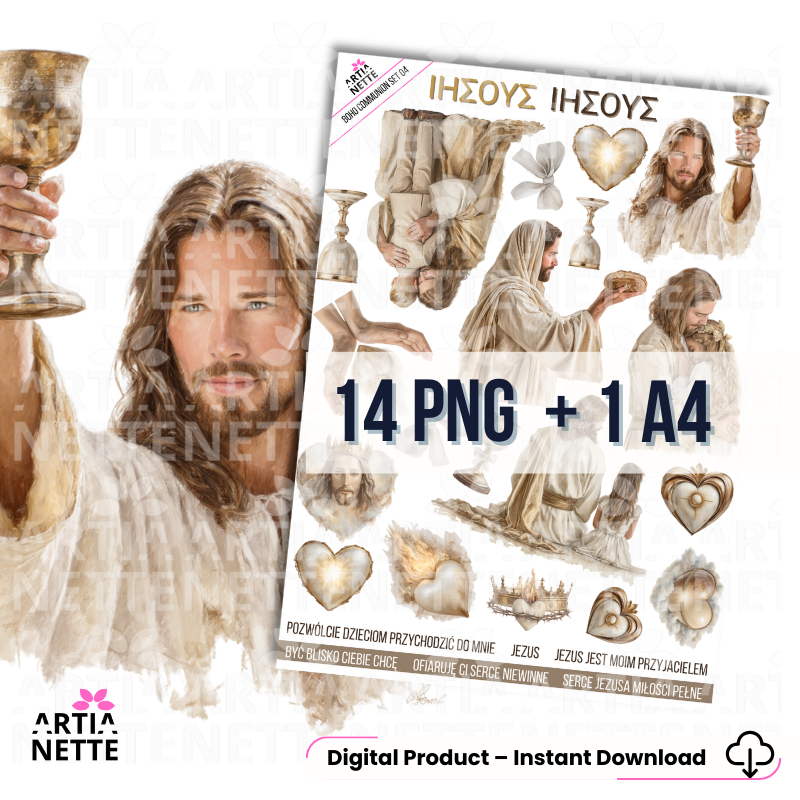 Boho Communion SET 04 – grafiki religijne PNG z wizerunkiem Jezusa i symbolami eucharystycznymi, 14 elementów i arkusz A4
