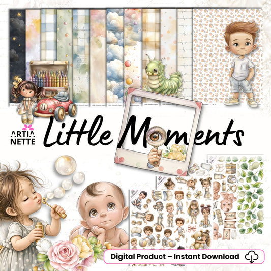 Little Moments | Kolekcja Dziecięca – Papiery A4, Grafiki PNG i Arkusze do Wycinania