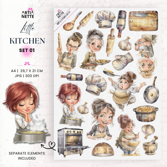 Little Kitchen Set 01 – akwarelowe ilustracje kobiet gotujących oraz kuchennych akcesoriów PNG z arkuszem A4 do wycinania