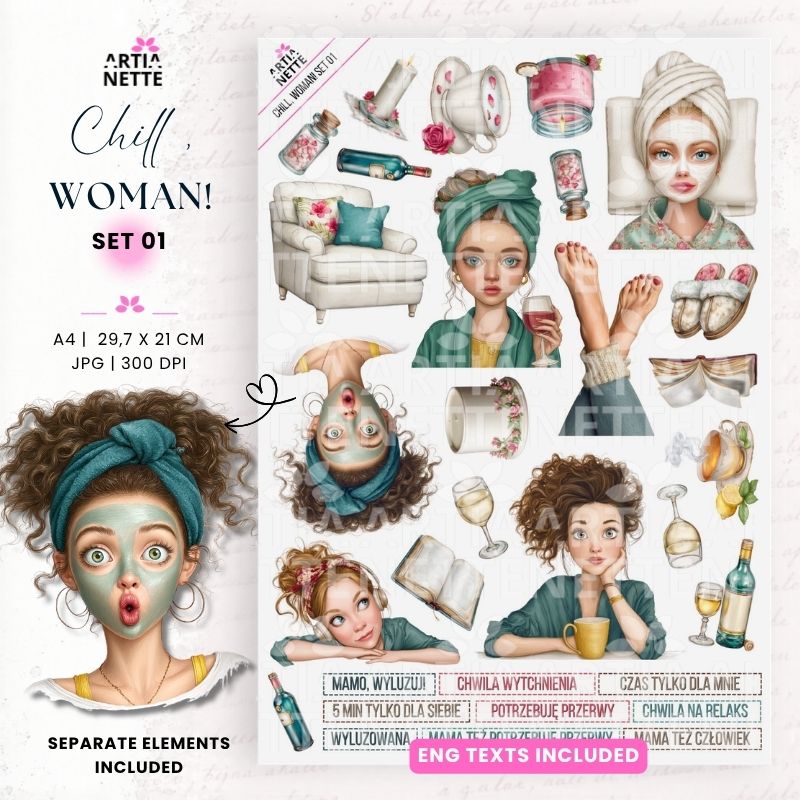 Watercolor clipart SPA woman and home relaxation PNG + A4 sheet – Chill, Woman! Set 01