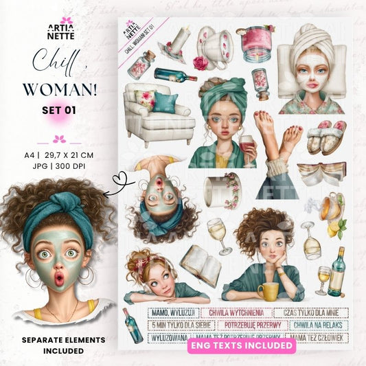 Watercolor clipart SPA woman and home relaxation PNG + A4 sheet – Chill, Woman! Set 01