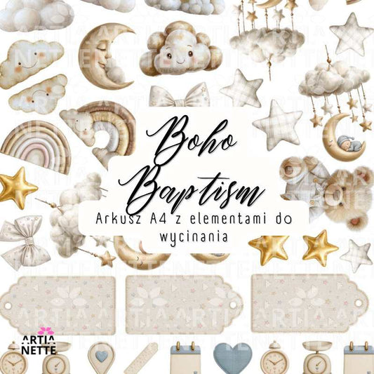 Boho Chmurki i Gwiazdki do scrapbookingu – Boho Baptism Set 06 | kliparty PNG i arkusz A4