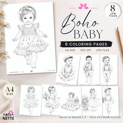 Boho Baby Coloring Pages A4 – 8 JPG coloring pages for printing