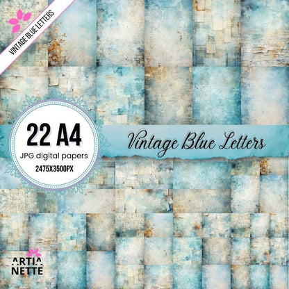 Vintage Blue Letters Backgrounds - 22 Digital JPG A4 Papers - Blue Junk Journal Backgrounds