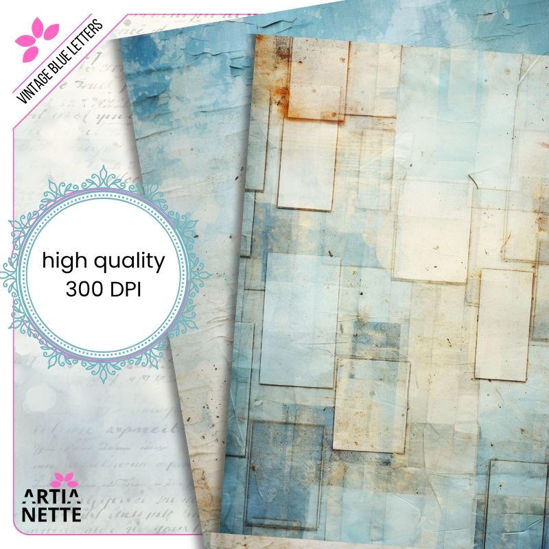 Vintage Blue Letters Backgrounds - 22 Digital JPG A4 Papers - Blue Junk Journal Backgrounds