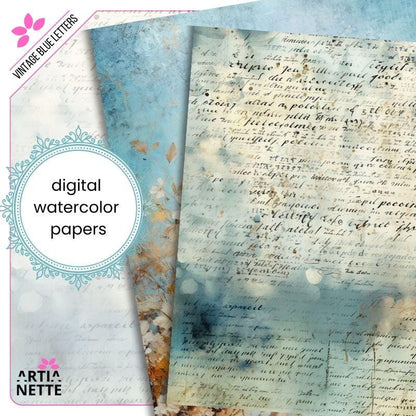 Vintage Blue Letters Backgrounds - 22 Digital JPG A4 Papers - Blue Junk Journal Backgrounds