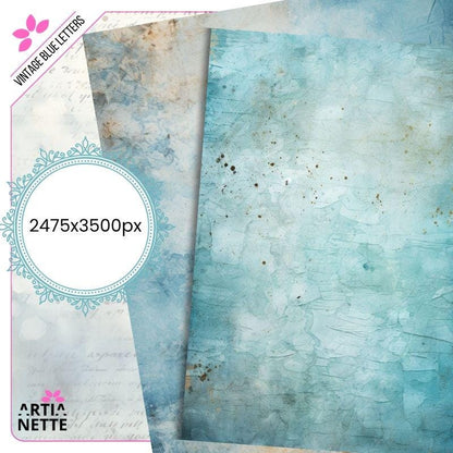 Vintage Blue Letters Backgrounds - 22 Digital JPG A4 Papers - Blue Junk Journal Backgrounds