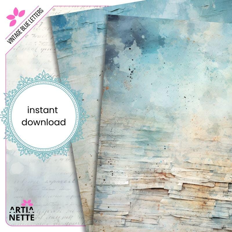 Vintage Blue Letters Backgrounds - 22 Digital JPG A4 Papers - Blue Junk Journal Backgrounds