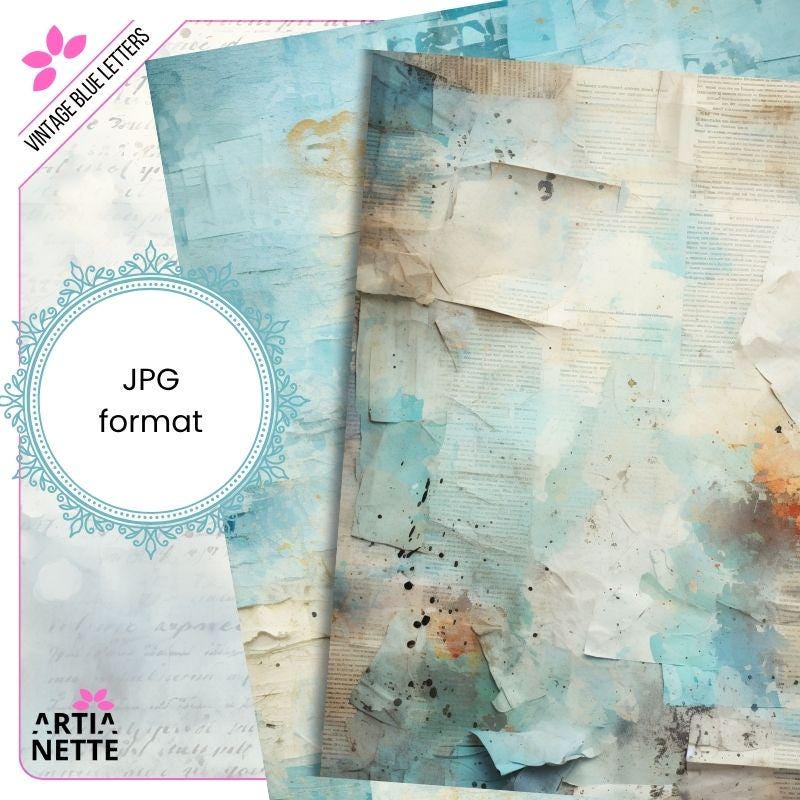 Vintage Blue Letters Backgrounds - 22 Digital JPG A4 Papers - Blue Junk Journal Backgrounds