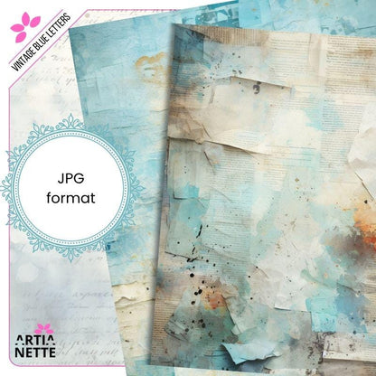 Vintage Blue Letters Backgrounds - 22 Digital JPG A4 Papers - Blue Junk Journal Backgrounds