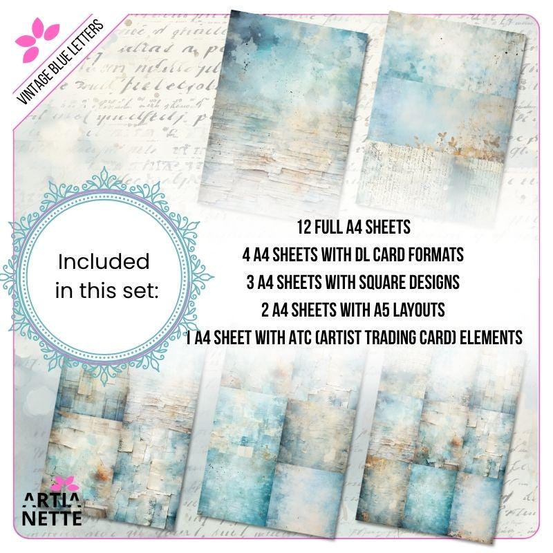 Vintage Blue Letters Backgrounds - 22 Digital JPG A4 Papers - Blue Junk Journal Backgrounds