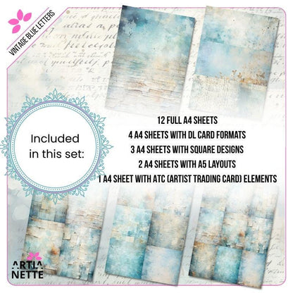 Vintage Blue Letters Backgrounds - 22 Digital JPG A4 Papers - Blue Junk Journal Backgrounds