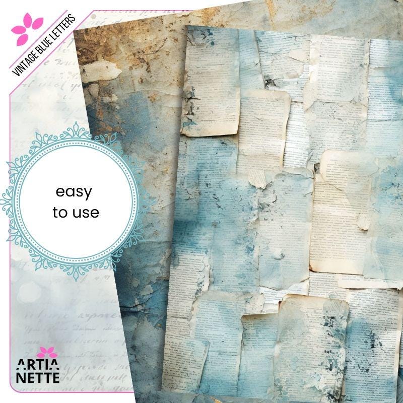 Vintage Blue Letters Backgrounds - 22 Digital JPG A4 Papers - Blue Junk Journal Backgrounds