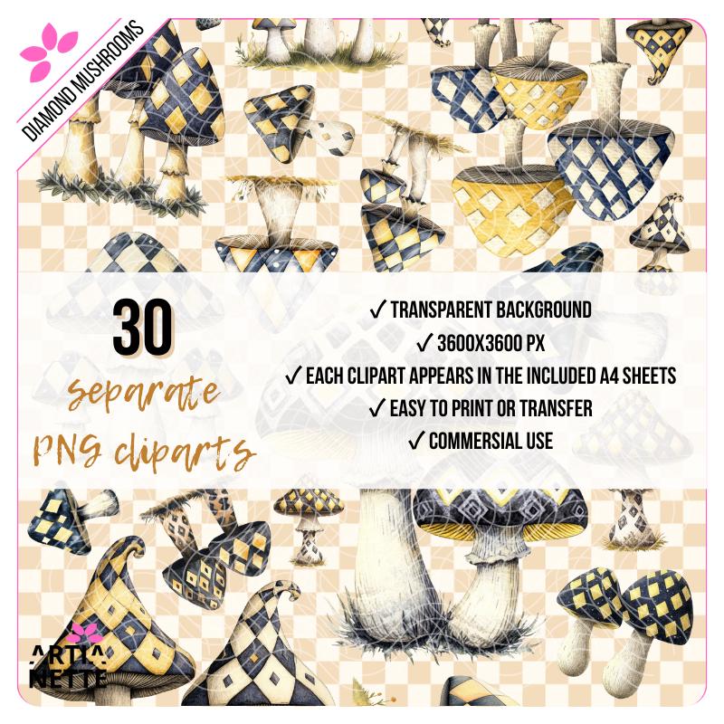 Grzyby w romby  Diamond Mushrooms | 30 clipartów PNG + 2 arkusze A4 do wycinania | Magiczny zestaw do kolaży i journala