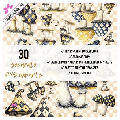 Grzyby w romby  Diamond Mushrooms | 30 clipartów PNG + 2 arkusze A4 do wycinania | Magiczny zestaw do kolaży i journala