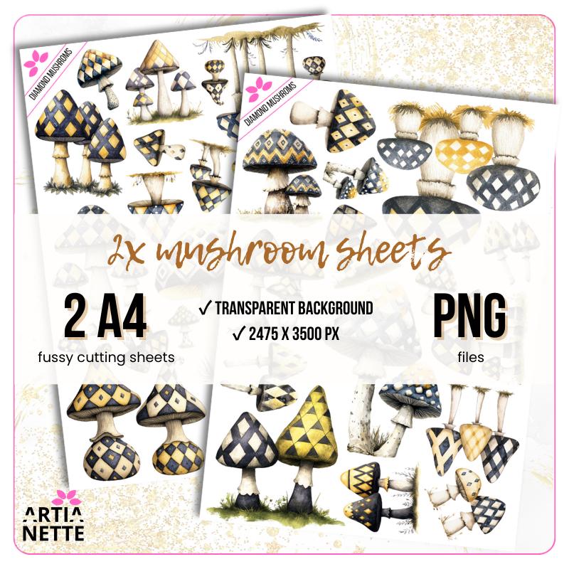 Grzyby w romby  Diamond Mushrooms | 30 clipartów PNG + 2 arkusze A4 do wycinania | Magiczny zestaw do kolaży i journala