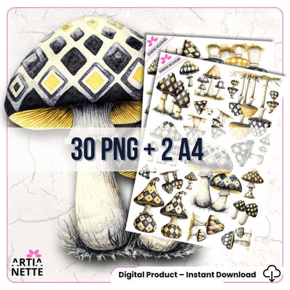 Grzyby w romby  Diamond Mushrooms | 30 clipartów PNG + 2 arkusze A4 do wycinania | Magiczny zestaw do kolaży i journala