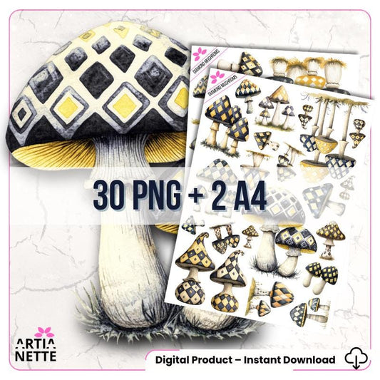 Grzyby w romby  Diamond Mushrooms | 30 clipartów PNG + 2 arkusze A4 do wycinania | Magiczny zestaw do kolaży i journala