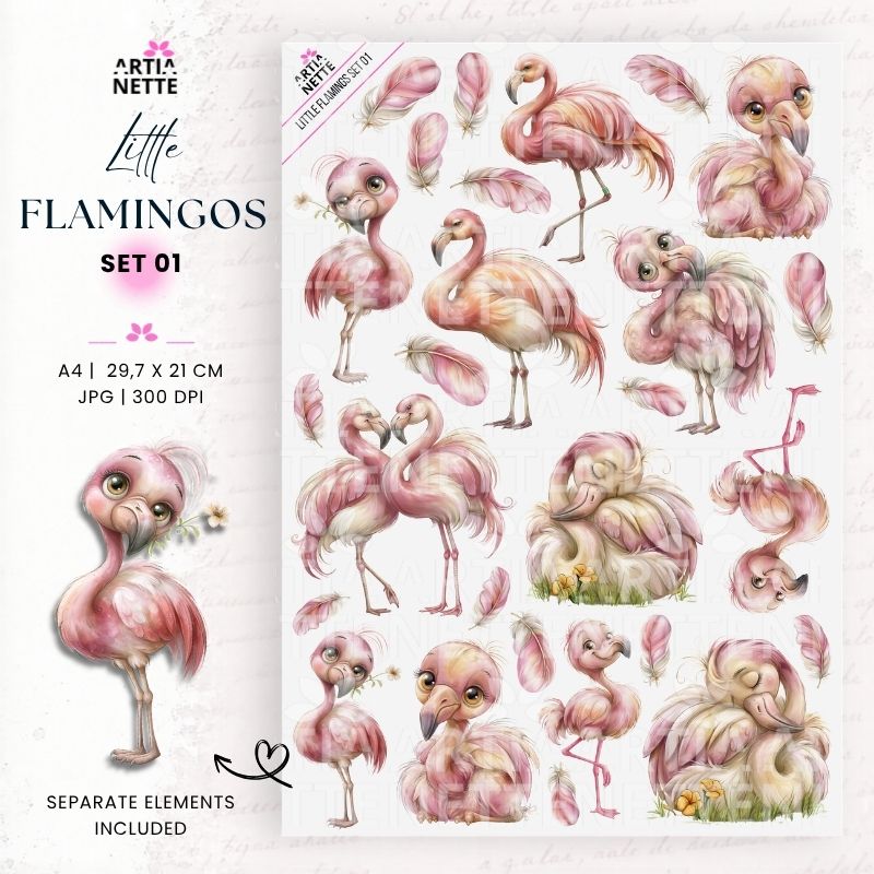Little Flamingos Set 01 – akwarelowe różowe flamingi PNG oraz arkusz A4 do wycinania