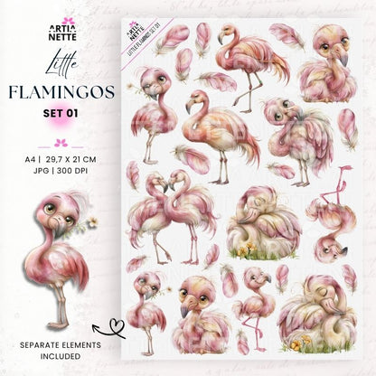 Little Flamingos Set 01 – akwarelowe różowe flamingi PNG oraz arkusz A4 do wycinania