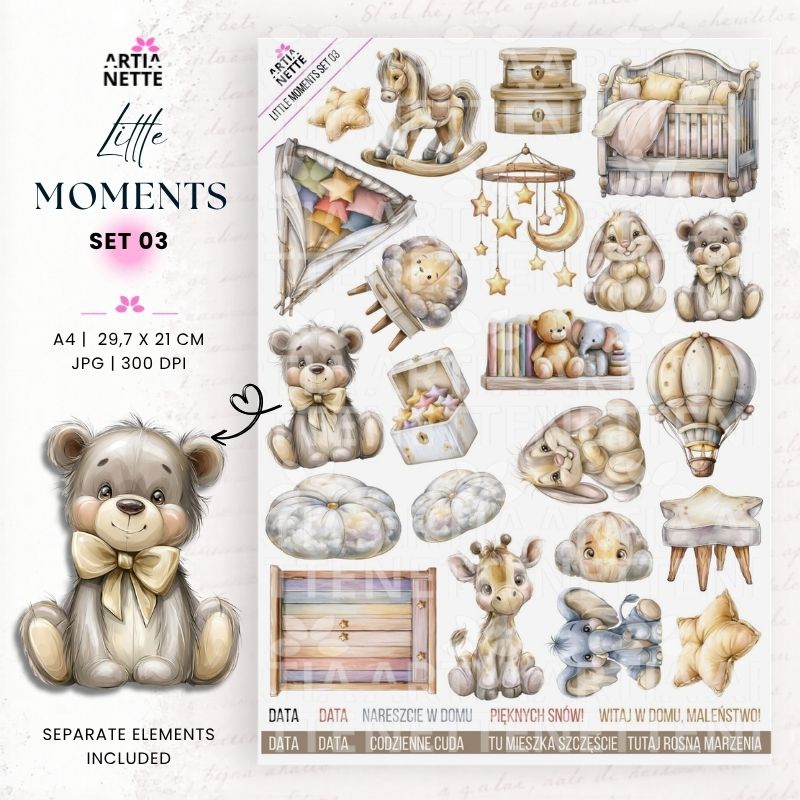 Little Moments Set 03 – grafiki PNG z pokojem niemowlęcia, pluszowymi zabawkami i dziecięcymi akcesoriami
