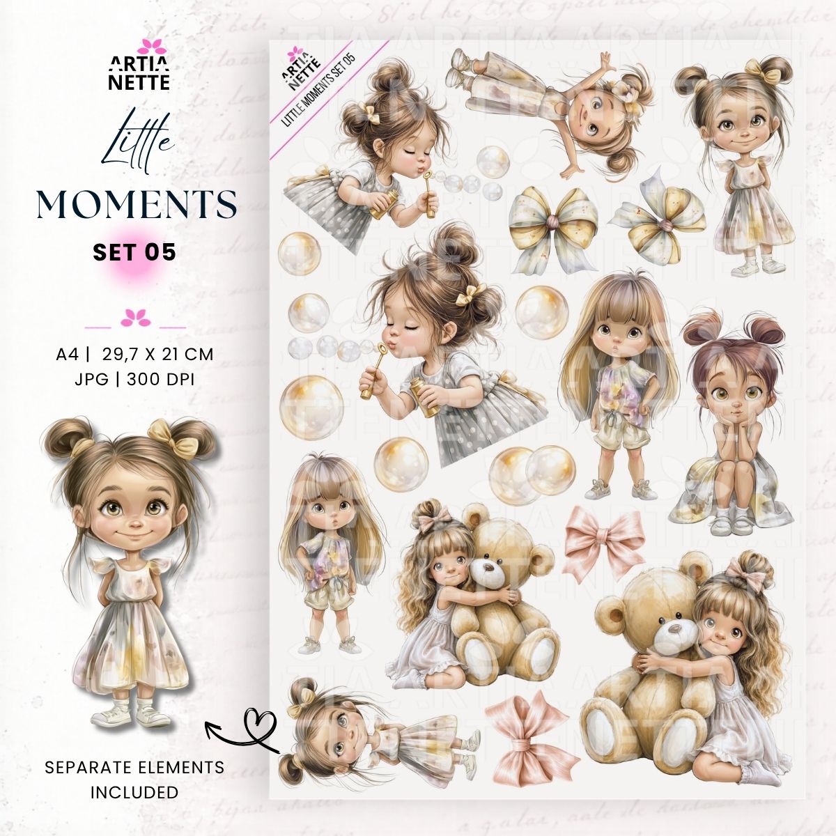 Little Moments Set 05 – grafiki PNG z małymi dziewczynkami, bańkami mydlanymi, pluszowym misiem i kokardami