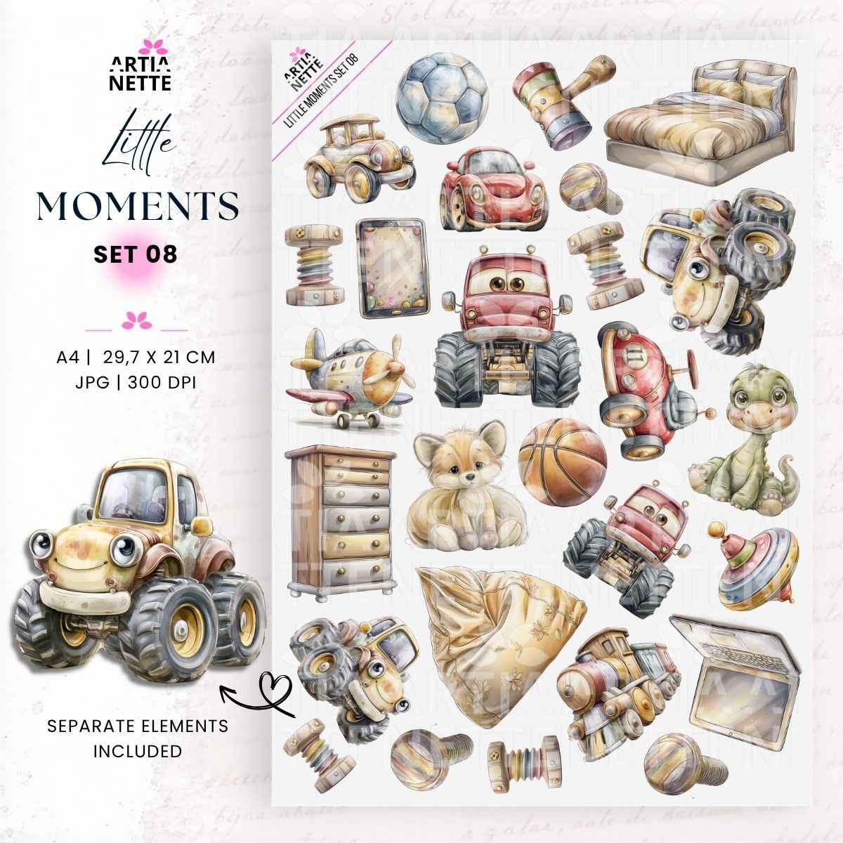 Little Moments Set 08 – grafiki PNG z pojazdami, zabawkami i elementami pokoju chłopca