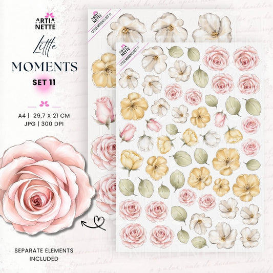Little Moments Set 11 – pastelowe grafiki PNG z różowymi różami, białymi i żółtymi kwiatami oraz zielonymi liśćmi