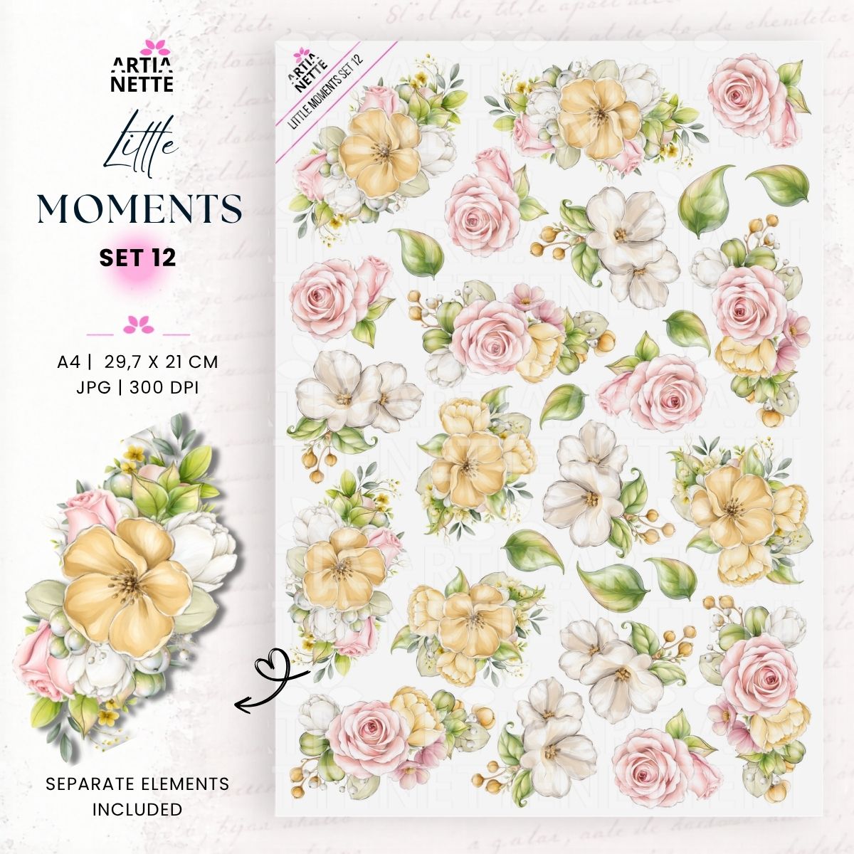 Little Moments Set 12 – grafiki PNG z pastelowymi kompozycjami kwiatowymi, różami i liśćmi